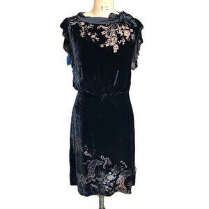 Vintage burnt velvet black midi frilly dress with flowy sleeves